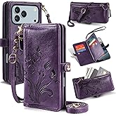 Lacass for iPhone 17 Pro Case Wallet,[Cards Theft Scan Protection] Card Holder Zipper Leather Flip Cover Crossbody Wrist Strap with Stand (Floral Dark Purple)