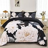 RYNGHIPY Cream Flowers Printed Comforter Set Queen Size Lightweight Soft Microfiber Bedding Set 1 Comforter 2 Pillocases (Black Beige,Queen Size)