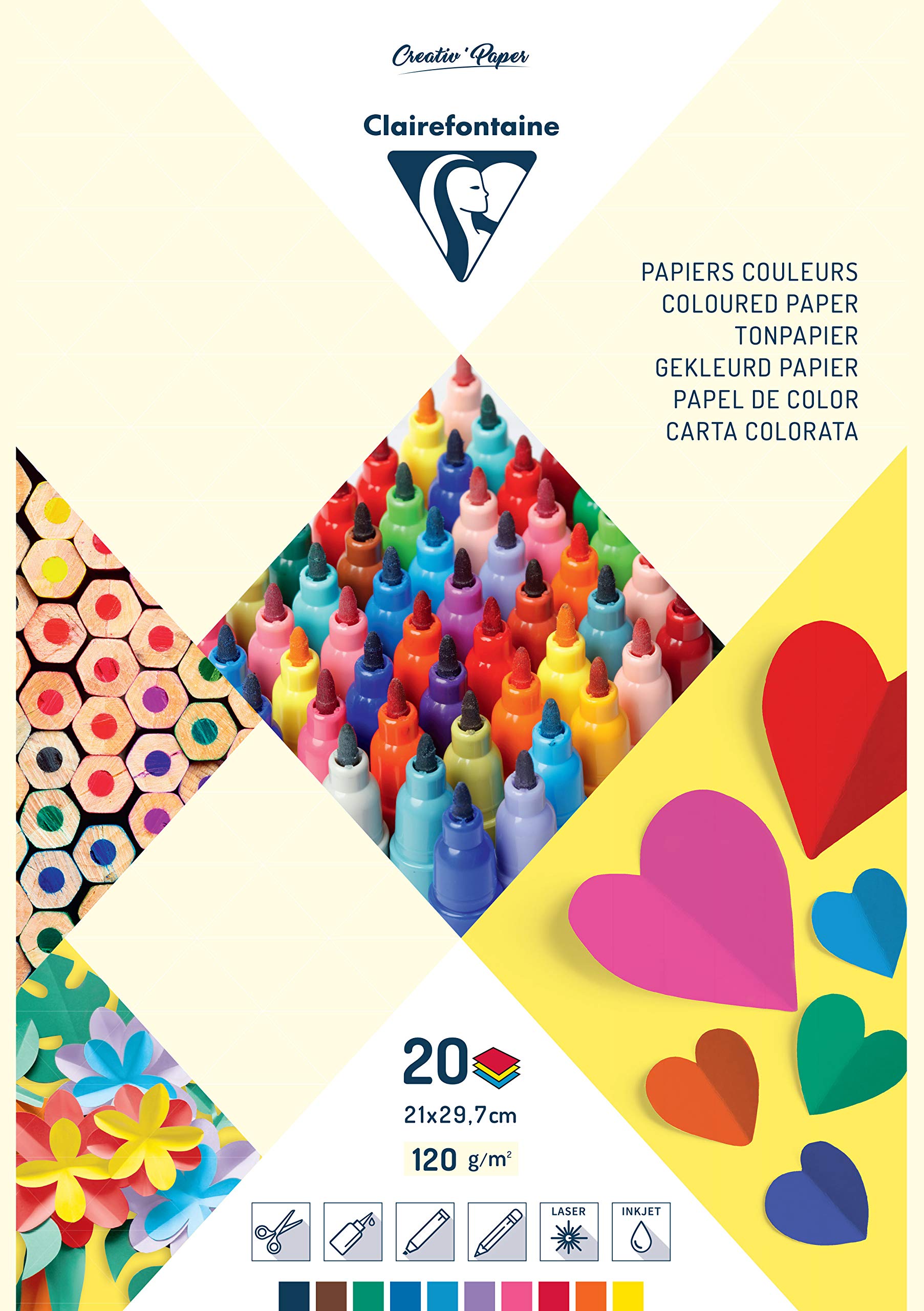 Clairefontaine 97244C Pad of 20 Sheets of Coloured Paper Format A4 (21x29,7cm) Paper 120g/m² Crafts Drawing Creative Leisure Children Adults 10 Ast Colours