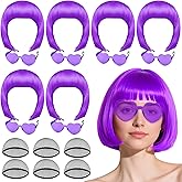 PLULON 6 Pack Purple Bob Wig with Heart Sunglasses and Hair Cap for Women, Colorful Cosplay Costume Neon Short Bob Wigs Funny Hairpieces Daily Bachelorette Halloween Costume Party Decorations