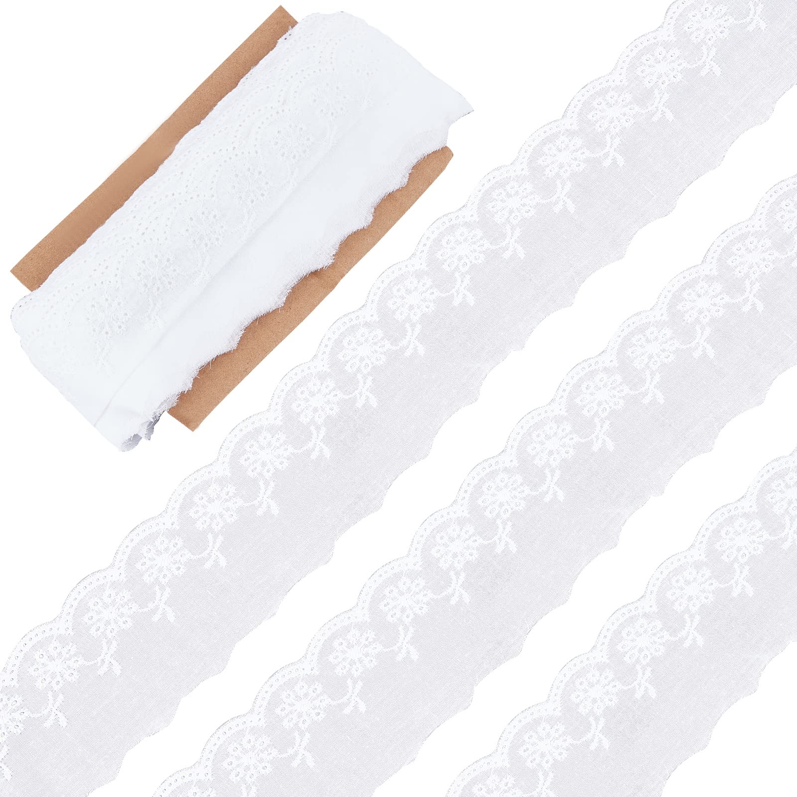 GORGECRAFT 15 Yards Scalloped Lace Trim 60mm Wide White Cotton Lace Trim Fabric Eyelet Scalloped Edge Floral Embroidery Ribbon DIY Sewing Crafts for Dress Tablecloth Curtain Hair Band Embellishment