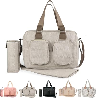 My Babiie Changing Bag Tote Oatmeal Herringbone - Insulated Bottle Holder, Mat