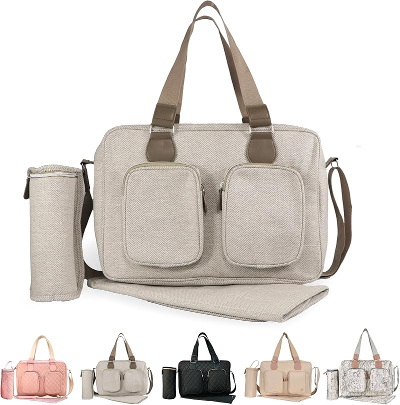My Babiie Changing Bag Tote Oatmeal Herringbone - Insulated Bottle Holder, Mat