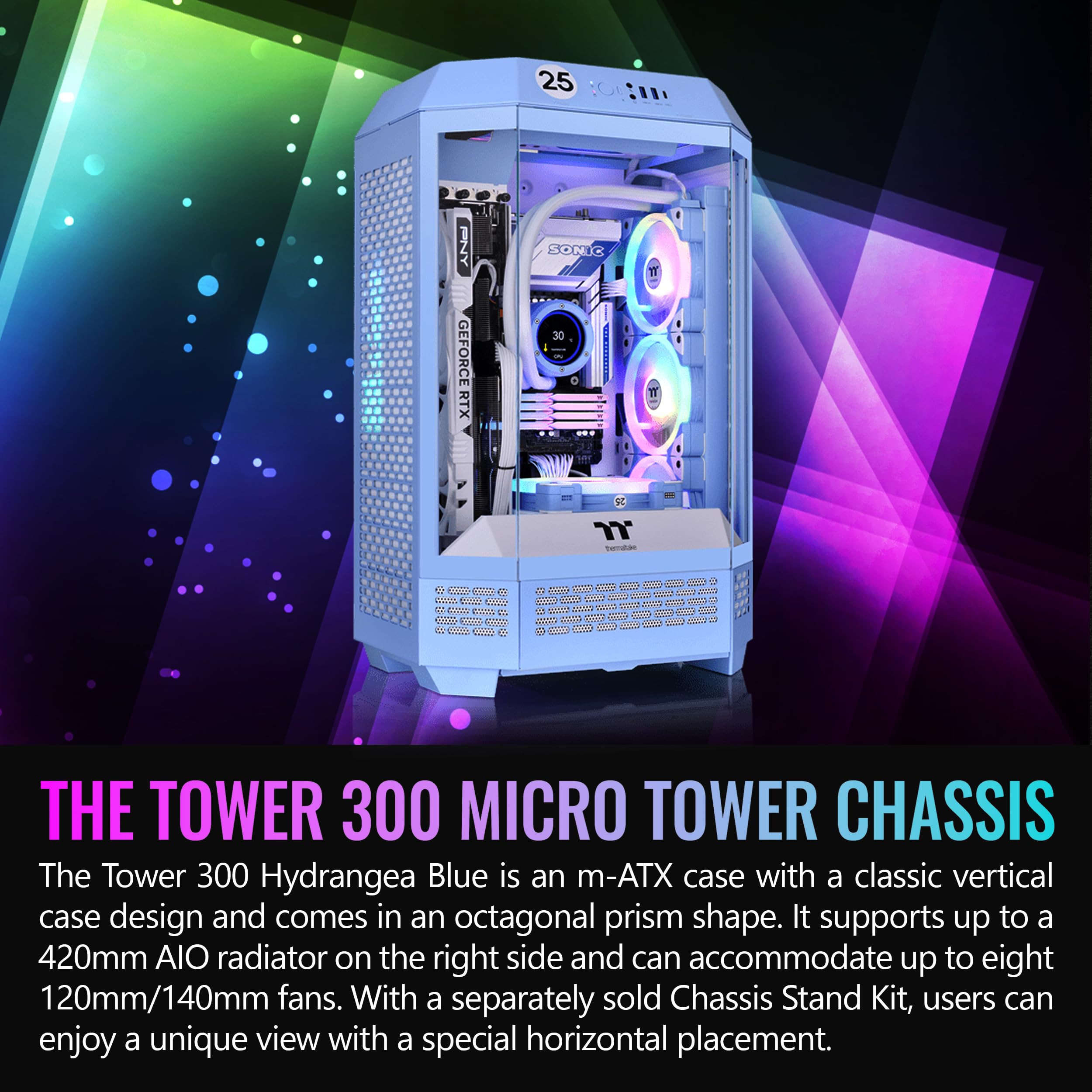 Thermaltake Tower 300 Hydrangea Blue Micro-ATX Case; 2x140mm CT Fan Included; Support Up to 420mm Radiator; Optional Chassis Stand Kit Allows Horizontal Display; CA-1Y4-00SFWN-00; 3 Year Warranty