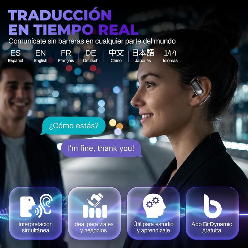 IA Auriculares Traductor en Tiempo Real, Traductor instantaneo de Voz 144 Idiomas, 3 en 1, Auriculares traductores inalambricos, Bluetooth 6.1, 60h bateria — foto 2 de 8