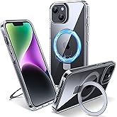Flyzoo Magnetic Case for iPhone 13/14 - [Built-in Invisible Stand] [Compatible with MagSafe] [Military Grade Drop Protection] Anti-Yellowing Hard Back Silicone Edge Cover, 6.1", Clear