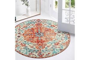 Lahome Bohemian Floral Medallion Round Rug - 3Ft Oriental Distressed Small Round Area Rug Vintage Washable Entryway Foyer Mat Non-Slip Non-Shedding Low-Pile Sofa Bathroom Carpet, Orange/Multi