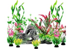 QUOZUO Fish Tank Accessories Aquarium Plants, 12pcs Colorful Fish Tank Artificial Plants and Cave Rock Decor Set, Aquarium Decorations Plants