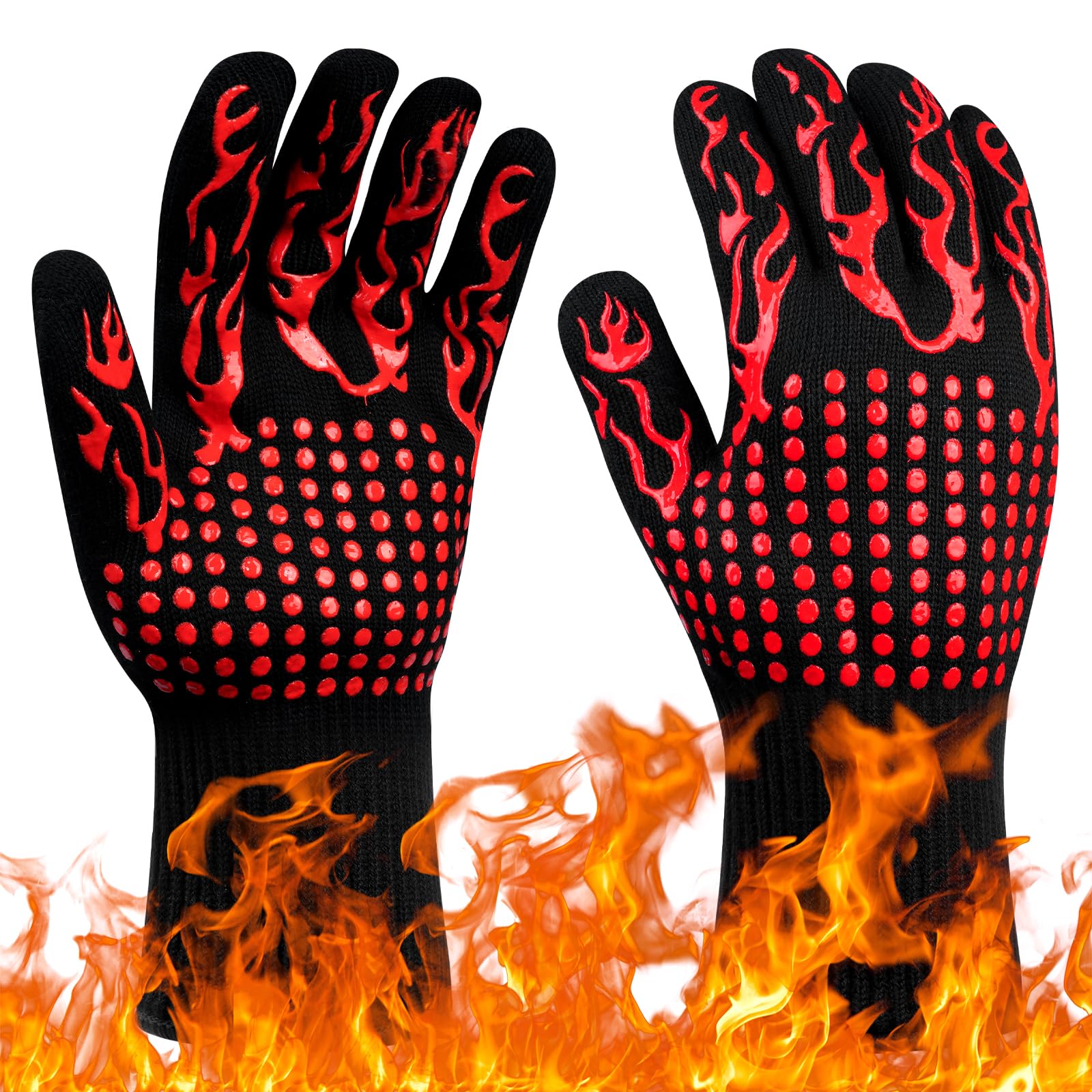 flintronic Grill Gloves Heat Resistant Fire Resistant Oven Gloves Hand Protection Grill Gloves, 1472°F/800°C Heat Resistant Oven Gloves for Grill, Oven, Cooking, Soldering（Red）