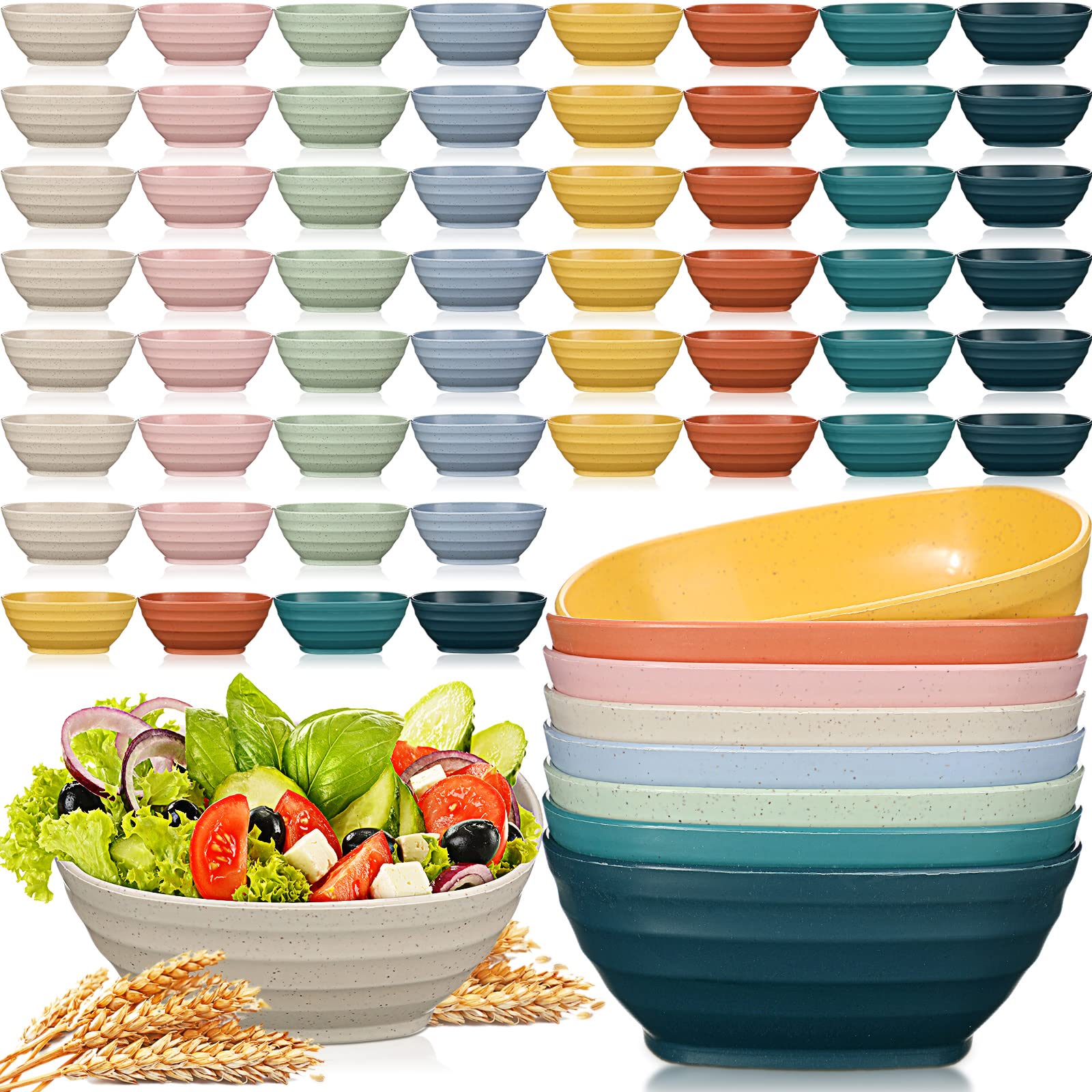 Photo 1 of Gejoy 64 Pcs Unbreakable Cereal Reusable Wheat Straw Lightweight Bowls Microwave and Dishwasher Safe Soup Fiber Bowls for Kitchen Serving Salad Rice Snacks(Multicolor)