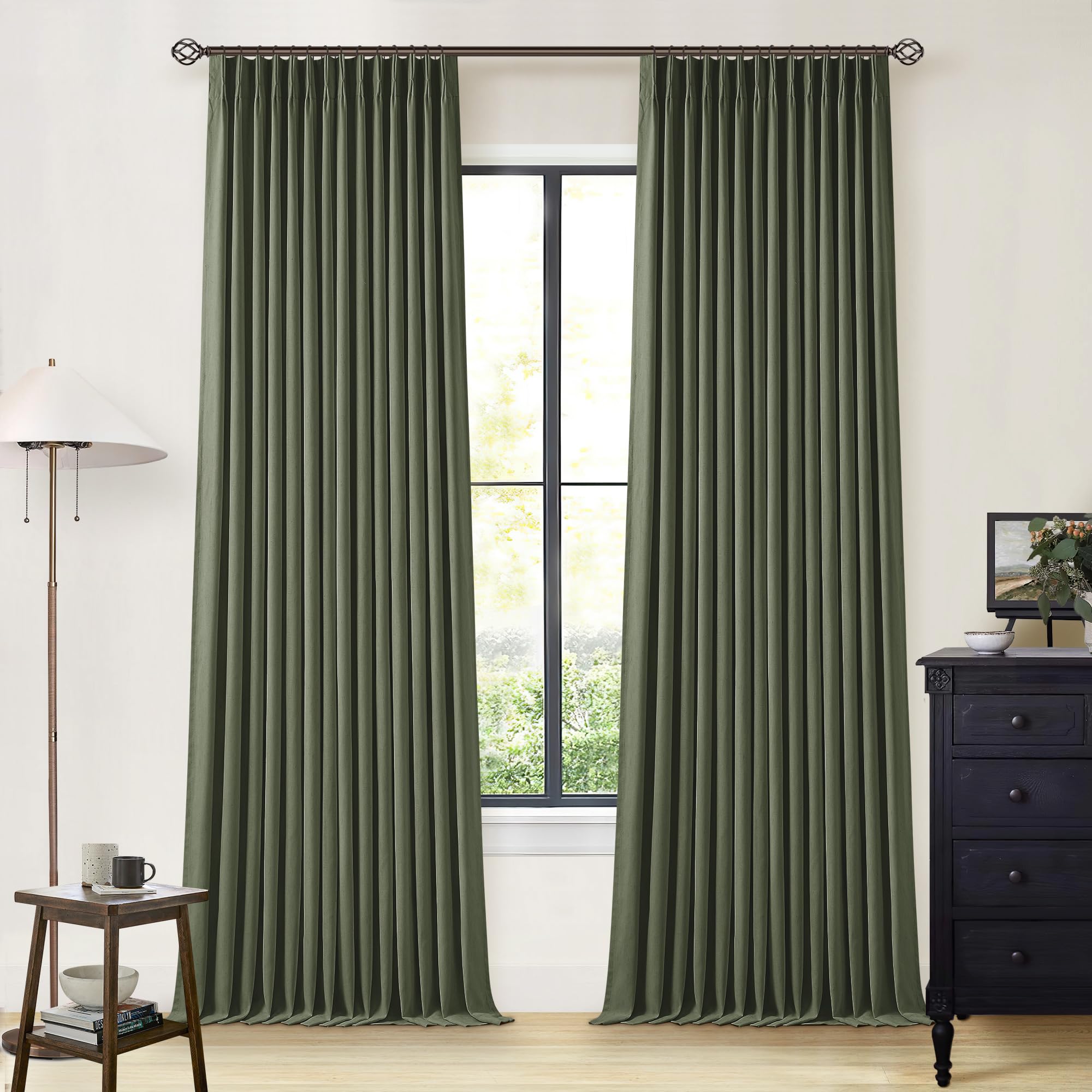 Photo 1 of Olive Green Pinch Pleated 100% Blackout Linen Bedroom Curtains 96 Inch Length Double Layer Pleat Curtains Ring Hooks Back Tab Black Out Room Darkening Drapes 96 Inches Long Living Room Dark Green