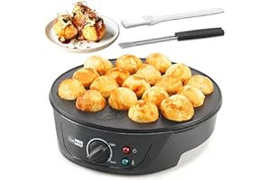 FineMade Takoyaki Maker Pan with Temperature Control, Tools and Recipes, Make 18 Japanese Octopus Balls at once, Easy to Use 