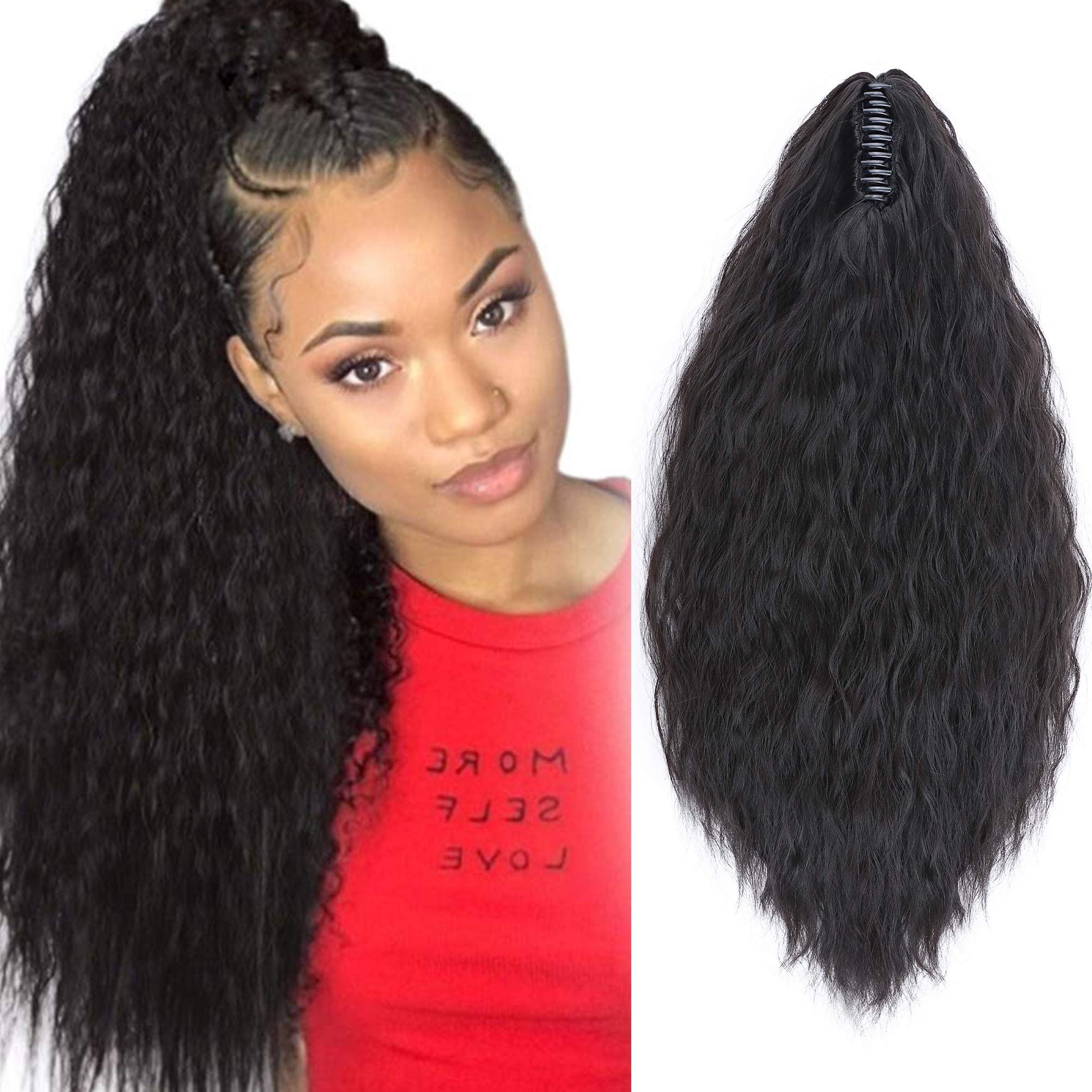 24inch Long Corn Curly Wave Ponytail Extension Synthetic Claw Ponytail Clip in Jaw Claw Hair Extensions Hairpieces for Women Natural Black