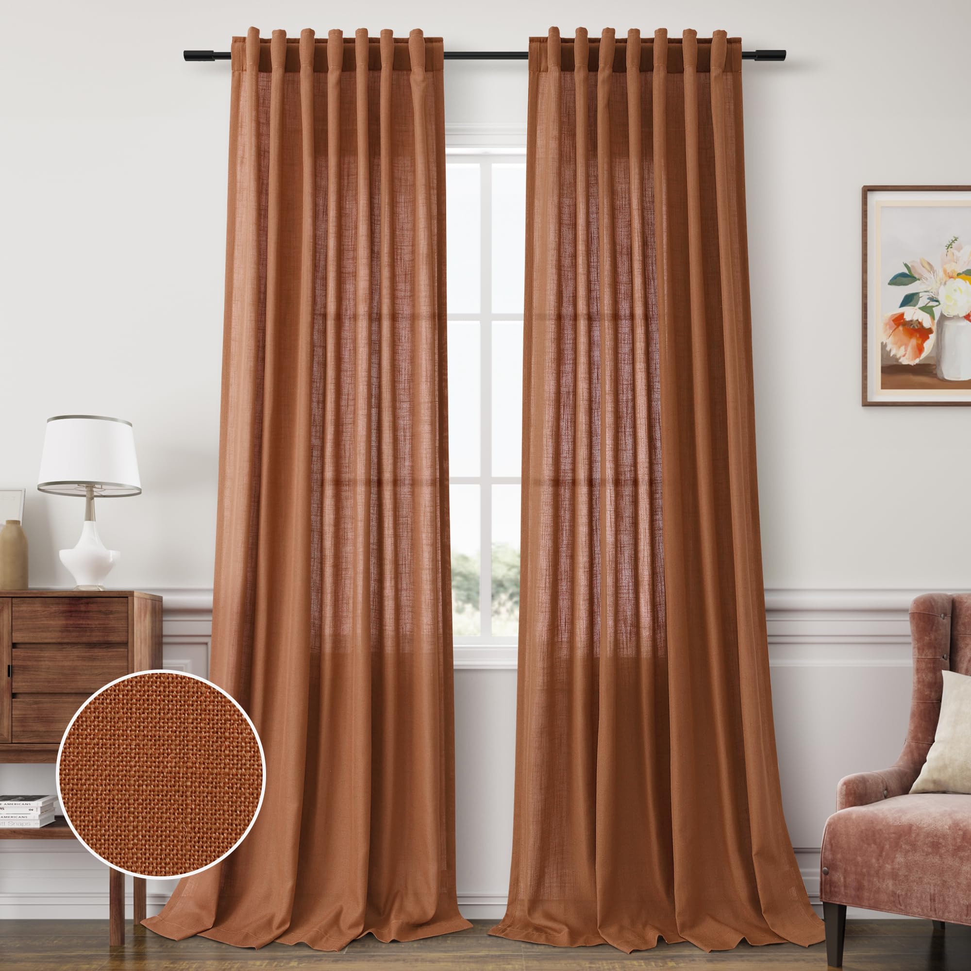Photo 1 of Joywell Terracotta Back Tab Linen Curtains 108 Inches Long 2 Panels for Living Room Bedroom Neutral Boho Farmhouse Rustic Light Filtering Semi Sheer Curtains Window Treatment 52x108