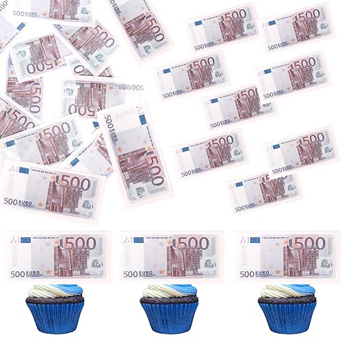 Xsstarmi 50 Pack Edible Money Euro Cake Topper 500€ Notes Edible Rice Paper Cupcake Decorations Edible Money Image Wafer Paper Cake Decorations for Baby Shower Birthday Party Supplies