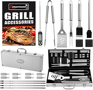 ROMANTICIST 21PC Grillbesteck Koffer + BBQ Thermometer Edelstahl Grillbesteck-Set Edelstahl Grillzubehör Grillset in Aluminium Aufbewahrungskoffer für Männer Papa Frauen