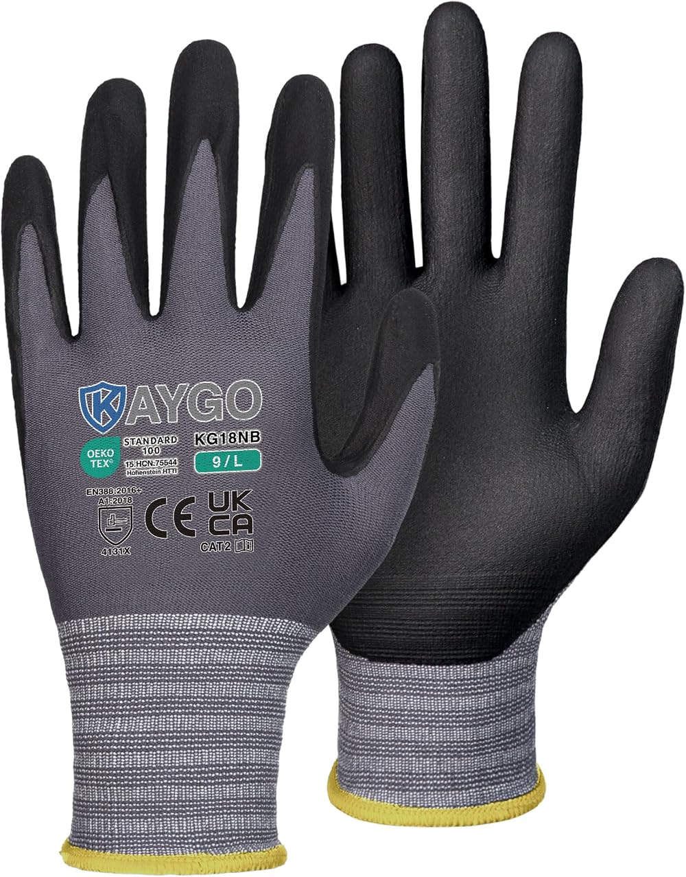 KAYGO 3 Pairs Work Gloves MicroFoam Nitrile Coated KG18N Seamless Knit Nylon