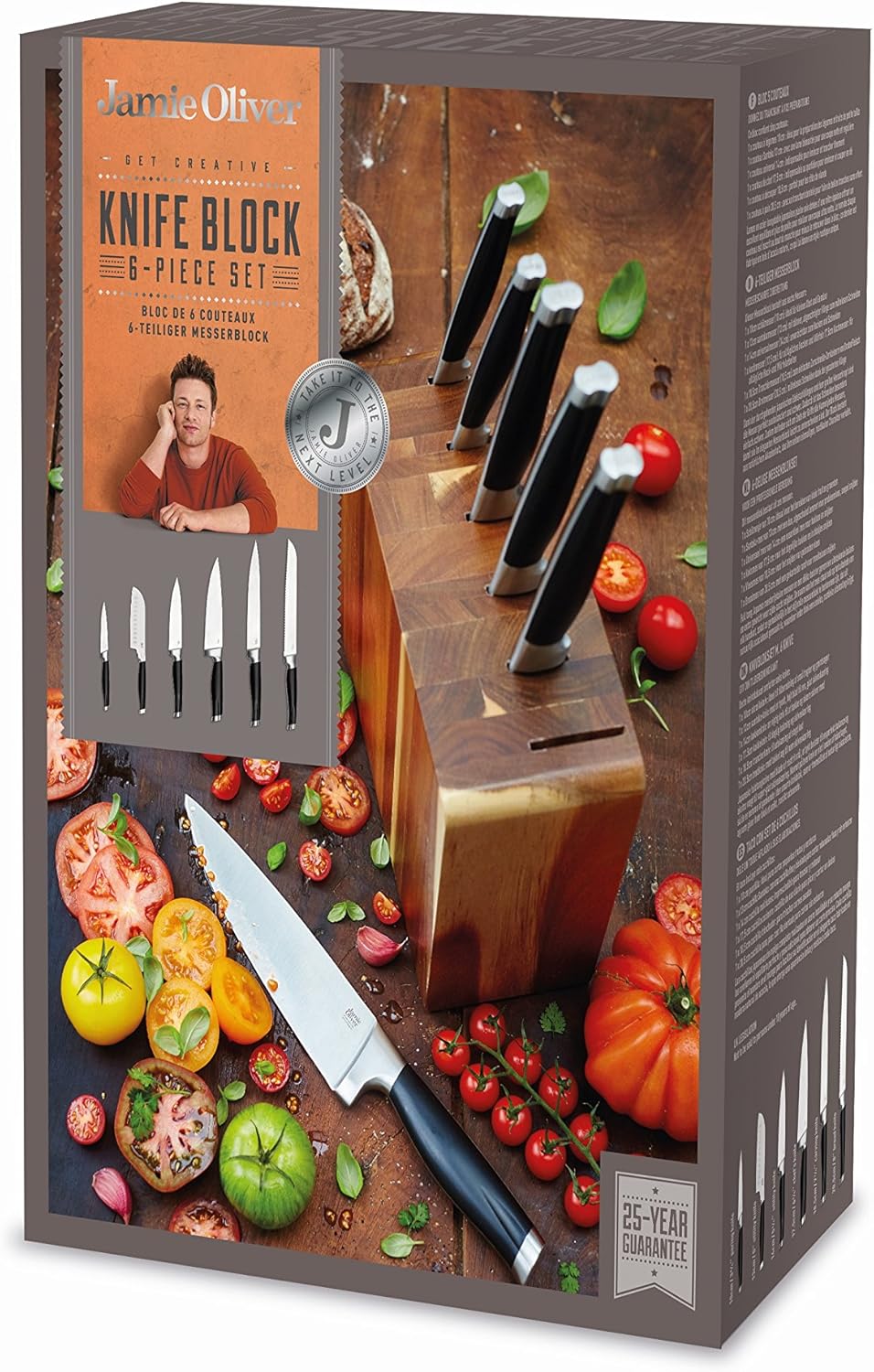 Jamie Oliver 6 Piece Acacia Knife Block Includes Paring, Santoku