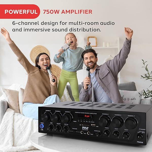 PYLE WIRELESS BLUETOOTH HOME AUDIO AMPLIFIER SYSTEM-UPGRADED 6 CHANNEL 750 WATT SOUND POWER STEREO RECEIVER W/USB, MICRO SD, HEADPHONE,2 MICROPHONE INPUT W/ECHO, TALKOVER FOR PA – PTA62BT.5