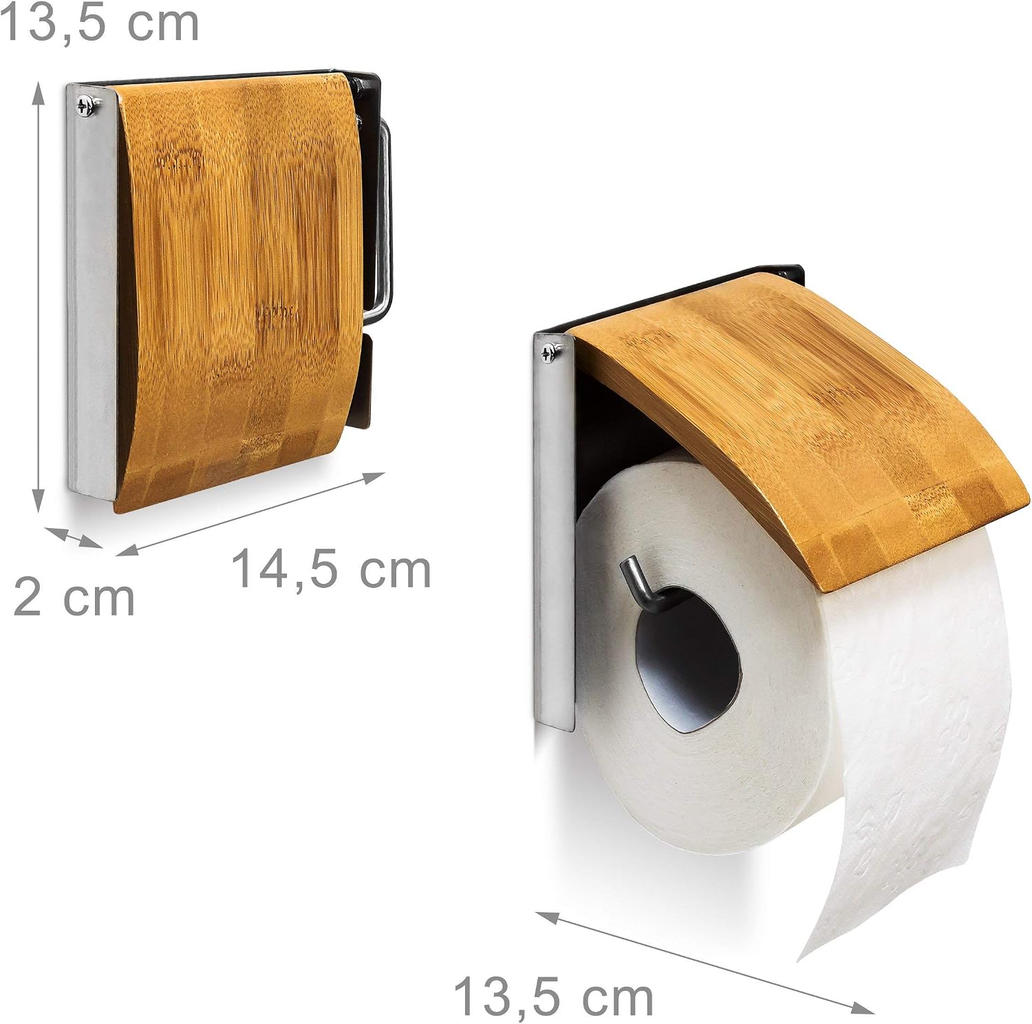 Relaxdays Mounted Roll Made of Bamboo and Stainless Steel Bathroom Wall Toilet Paper Holder, Natural, 2.5 x 14.5 x 13.5 cm - Image 4