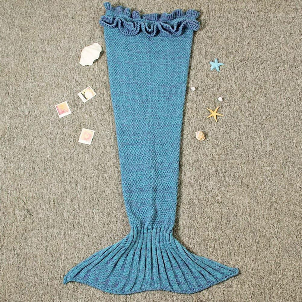 Lawrences Crochet Sleeping Bag Super Soft Warm Polar Fleece Fabric Blanket and Fashion Fish Scale Sleeping Bags for All Seasons in Living Room, Bedroom and Sofa (bright blue)