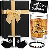 Reallnaive 6 Pcs Godfather Proposal Gift Set Best Godfather Gift Box Set Wine Glass Bracelet Keychain Card Socks for God Father Uncle from Godchild Baptism Easter Father's Day