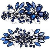 CustomyLife 2pcs 3.35inch Vintage Crystal Hair Barrettes, Sapphire Blue Bun Updo Hair Clips, Sparkly Rhinestone French Wedding Prom Formal Hair Jewelry Accessories for Women