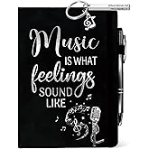 Music Lover Gift Women Men, Music Journal Black 200 Pages Notebook A5 Lined with Pen, Appreciation Gifts for Musician Singer Teacher Birthday Christmas Graduation