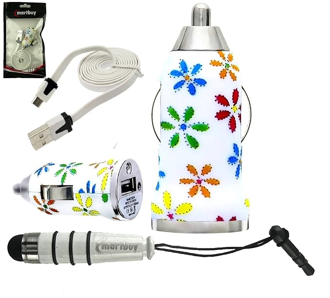 Emartbuy® Trio Pack für Siswoo R8 Monster/i7 Cooper - Retro Blumen 1 Ampere USB Autoladegerät + Weiß Mini Metallic Eingabesti