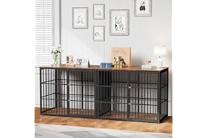 Lyromix 94.48'' Dog Crate Furniture Large Breed TV Stand with Double Rooms,Wooden Dog Kennel Dog Crate End Table with Removable Divider for Large Medium Dogs, Can Use Separately