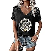 Women's T-Shirts V-Neck Sun Flowers Tee Summer Vacations Shirts Funny Cute Wildflowers Shirts Short Sleeve T-Shirts