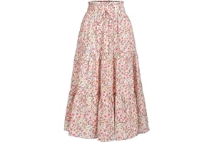 MSLG Women's High Elastic Waist Midi Skirt Casual Summer Trendy Tie Front Flowy Ruffle Floral Print A line Skirts 626