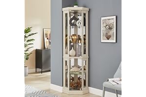 Makaseiya 70" Lighted Corner Curio Cabinet,Inside Mirror Corner Glass Display Case with Tempered Glass Door for Living Room, Antique Collectibles, Wine & Bar Glass Storage, Lights Included