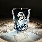 suigetsu Edo Kiriko Crystal Whiskey Glass, Hand-Cut Eagle Design, Blue Tinted Glass, Traditional Japanese Style, Luxury Cocktail Tumbler (Horse)