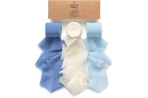 Vitalizart Blue Handmade Chiffon Silk Ribbon Fringe 1.5" x 21 Yd Dusty & Baby Blue Frayed Edges Ribbons for Wedding Invitations Bridal Bouquets Gifts Wrapping Crafts Holiday Party Decorations