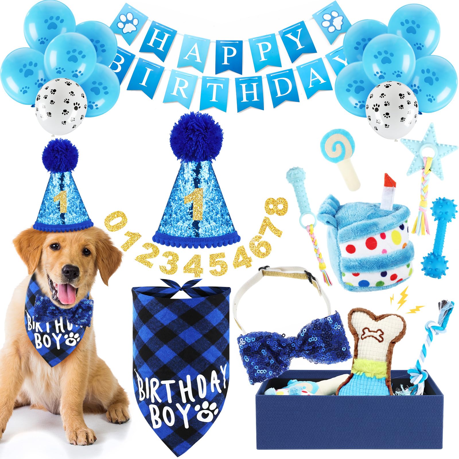 Photo 1 of RoundFunny 23 Pcs Dog Birthday Party Supplies Set Birthday Toys Cake Teething Squeak Interactive Decorations with Box for Puppy Small Medium Dog(Blue)