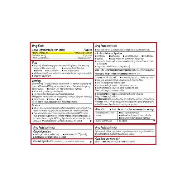 TYLENOL SINUS SEVERE DAYTIME CAPLETS WITH ACETAMINOPHEN 325MG, GUAIFENESIN 200MG & PHENYLEPHRINE HCL 5MG, NON-DROWSY PAIN RELIEVER, EXPECTORANT & NASAL DECONGESTANT, 24 CT