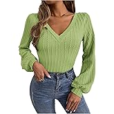 OYOANGLE Women's Textured Lantern Long Sleeve Tshirts V Neck Dressy Fall Tee Tops