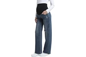 V VOCNI Maternity Jeans Straight Leg Stretch Over The Belly Pregnancy Jeans Wide Leg Raw Hem Pregnancy Denim Pants