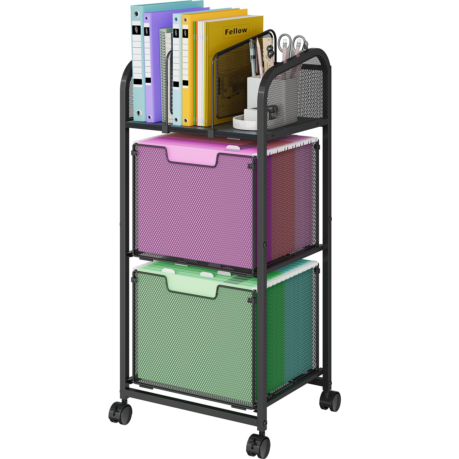 Photo 1 of Rolling File Cart with 2 Storage Drawers,Rolling File Cabinet with Metal BookEnds,Hanging File Folder Organizer with Wheels, File Cabinet Utility Craft Cart for Home Office,Black