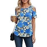 NILOUFO Cold Shoulder Tops for Women Short Sleeve T Shirts Summer Dressy Casual Blouses Strappy Tunics Loose Fit Soft