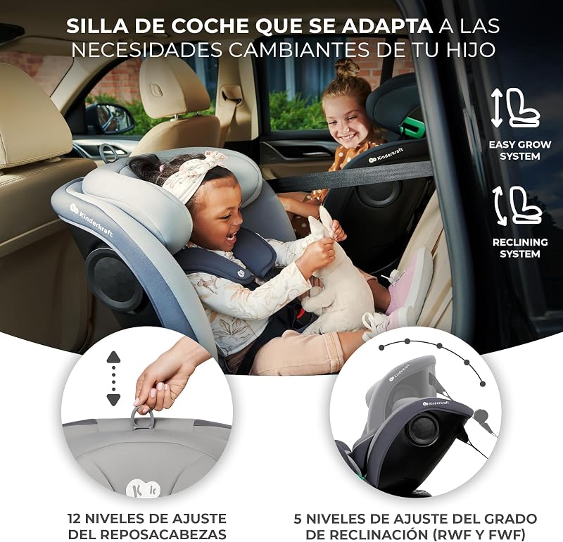 Kinderkraft I-GROW Cadeira auto para bebé e crianças, I-SIZE 40-150 cm, Isofix, Assento ajustável, Cadeira, RWF, FWF, Universal para cadeira auto, 360º, Grupo 0+/1/2/3, 0-36 kg, Cinzento