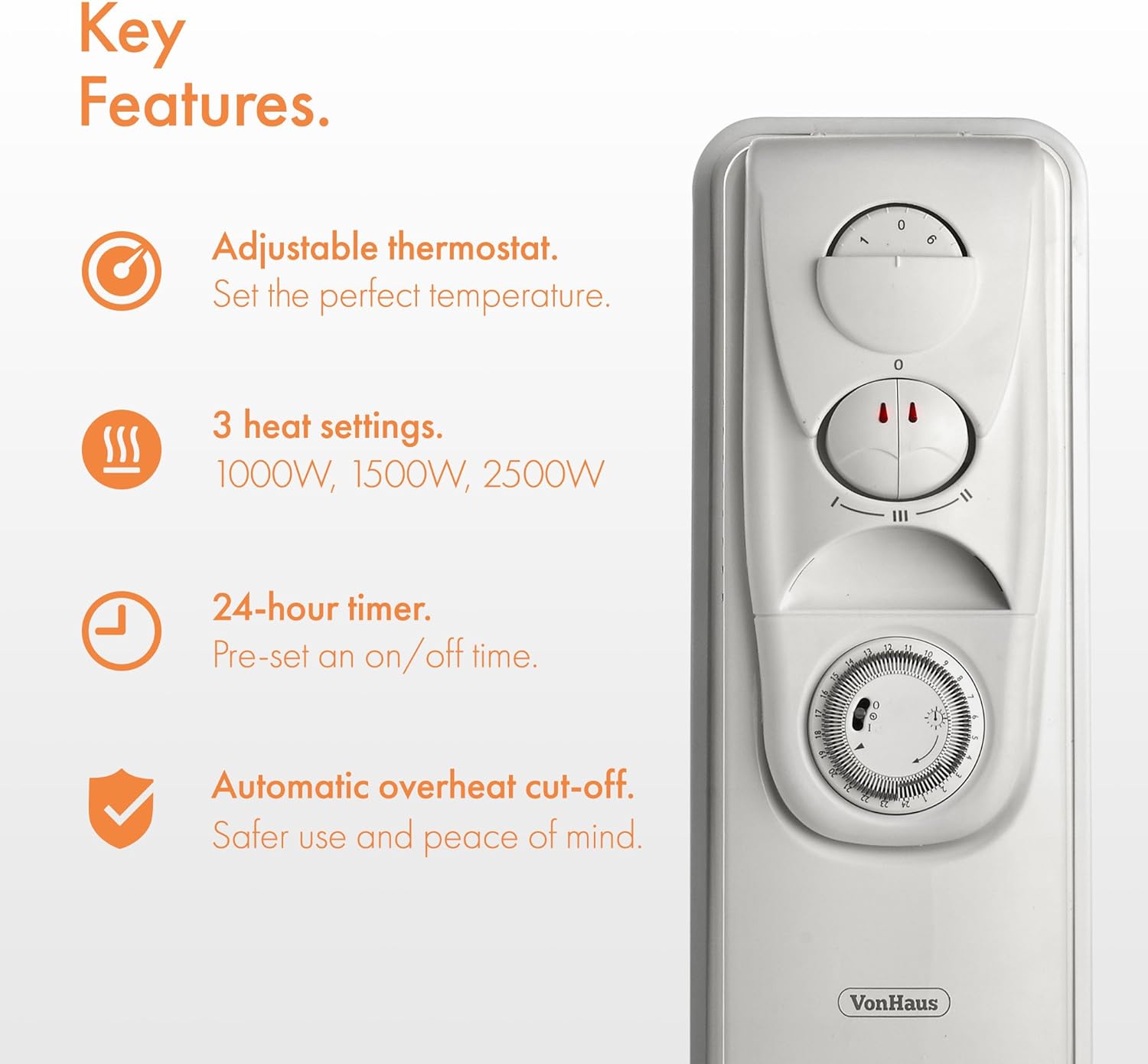 VonHaus Oil Filled Radiator Freestanding White 3 Power Settings Small