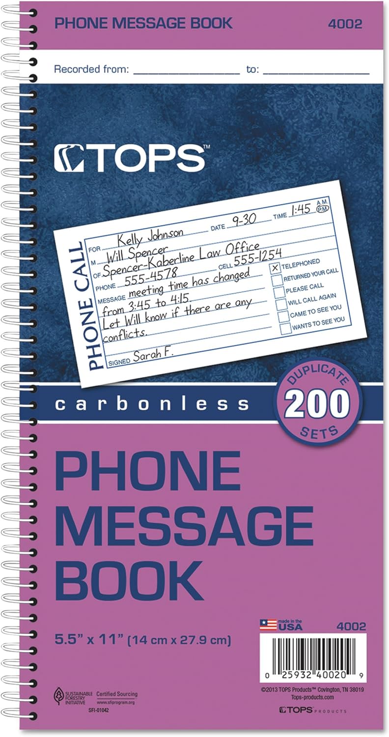 TOPS Phone Message Book, Carbonless Duplicate, 4 Messages per Page, 200 Set per Book (4002) : Memo Paper Pads : Office Products