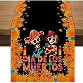 Mexican Day of The Dead Table Runner Mexico Dia De Los Muertos Sugar Skull Table Cover Dining Room Kitchen Home Indoor Outdoor Holiday Party Table Decoration (13