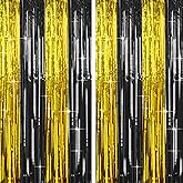 4 Packs Black and Gold Foil Fringe Curtain, Black Gold Metallic Tinsel Backdrop for Birthday, Wedding, Graduation Decorations 2025, Anniversary, Retirement Party Decorations Supplies