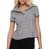 Womens Button Down Shirts Short Cap Sleeve V Neck Collared Plaid Waisted Blouses Summer Casual Tops