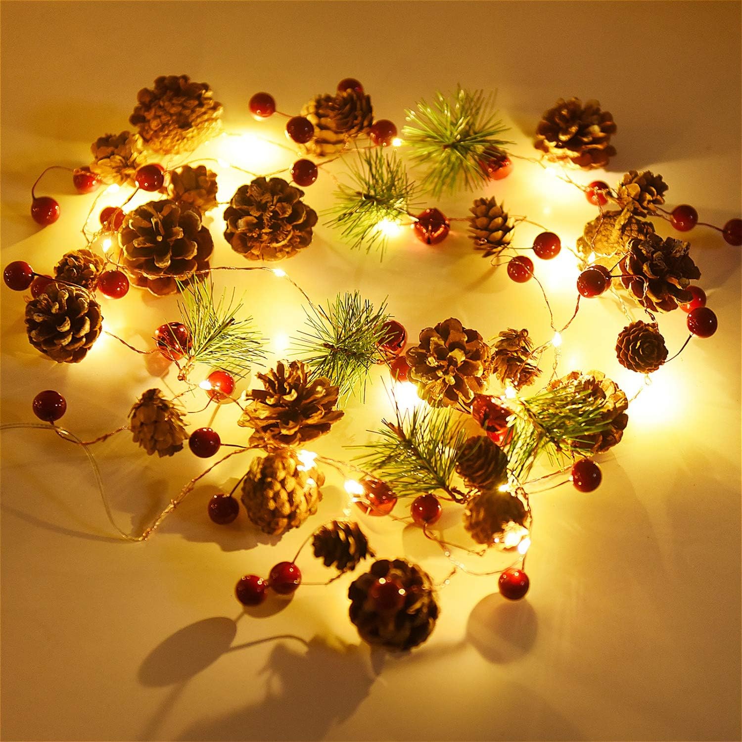 Wreaths, Garlands & Swags - Rocinha Christmas Garland with Lights Battery Operated 7.2 Ft 20 Pinecones Red Berry Garland with Lights Prelit Garland for Mantle Fireplace Table Indoor Outdoor Lighted Garland Decor