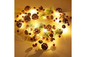 Rocinha Christmas Garland with Lights Battery Operated 7.2 Ft 20 Pinecones Red Berry Garland with Lights Prelit Garland for Mantle Fireplace Table Indoor Outdoor Lighted Garland Decor