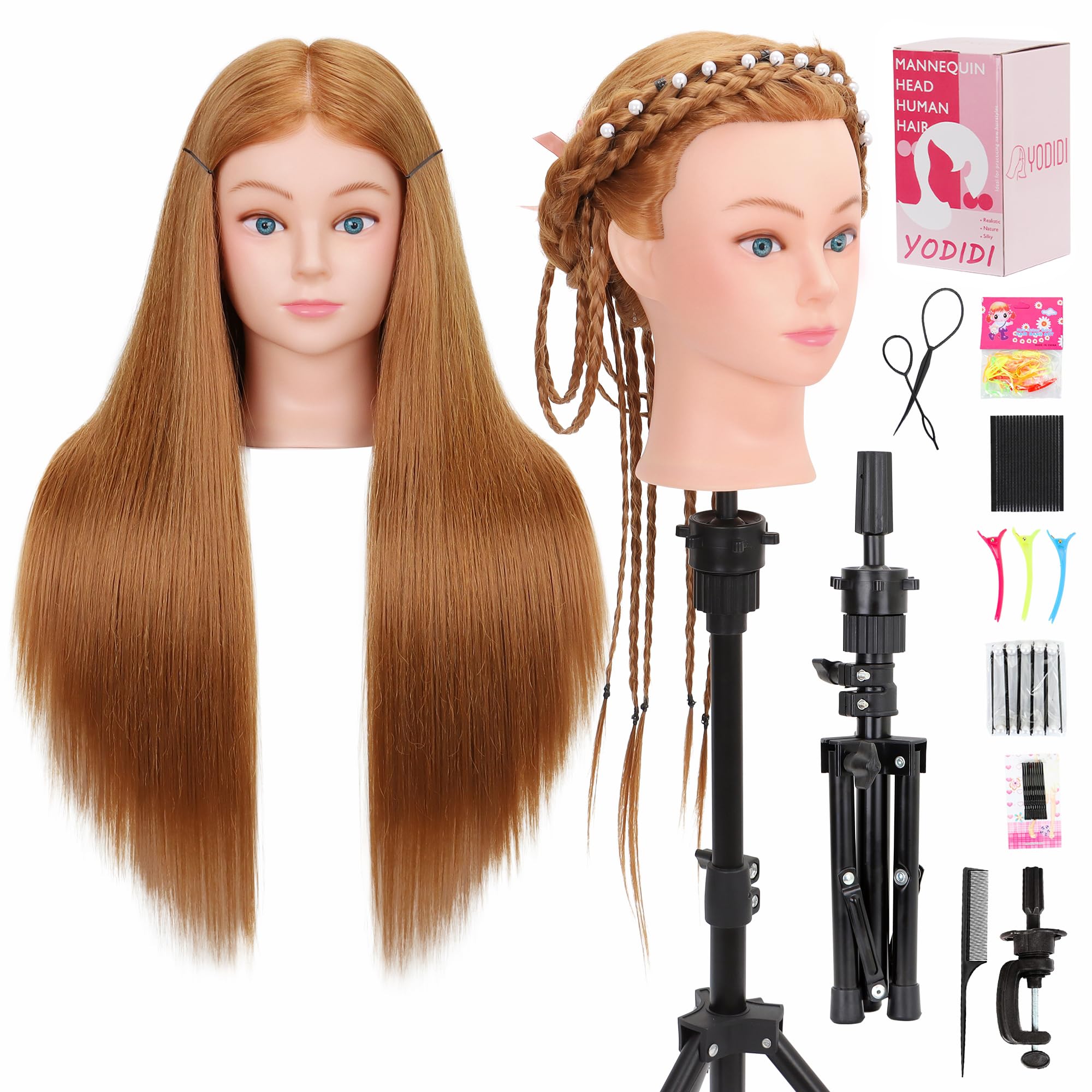 Photo 1 of  Mannequin Head with 80% Human Hair & Adjustable Manikin Head Tripod - 28" Cosmetology Practice Doll for Hairdresser (28 Inch-Tripod Set with Styling Tools)
